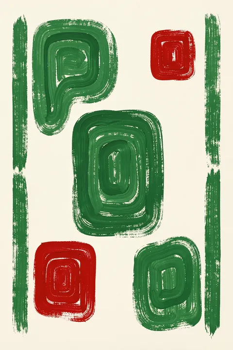 Textured Geometric Shapes. Loose concentric rectangular brushstrokes in dark green and red create a geometric abstract on cream.