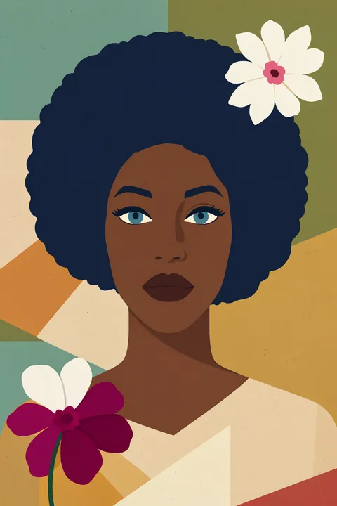 Vibrant Afro Woman Floral. A woman with a deep navy afro is framed by large white and magenta flowers against muted geometric color blocks.