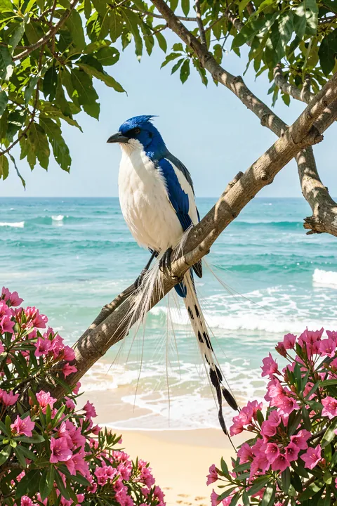 White Bird Tropical Beach. A blue-and-white bird perches on a branch above a tropical beach, framed by green foliage and pink flowers.