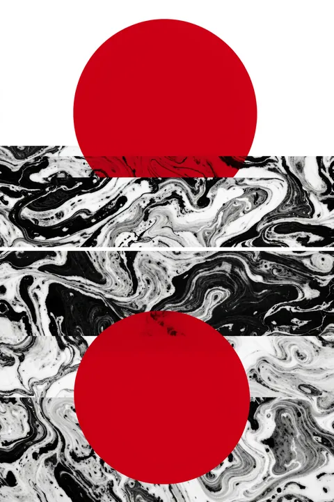 Red Sun Marble Flow. Two vivid red circles interrupt horizontal bands of swirling black-and-white marble patterns.