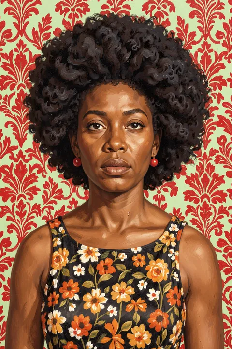 Elegant Afro Floral Portrait. A woman with a voluminous dark afro wears a floral dress, set against a red ornamental pattern on pale green.