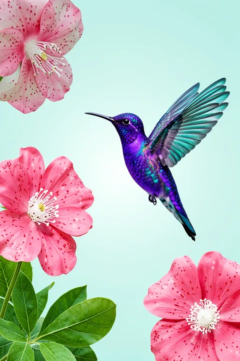 Vibrant Hummingbird Blooms. A purple-and-teal hummingbird hovers among large pink blossoms and green leaves on a pale aqua background.