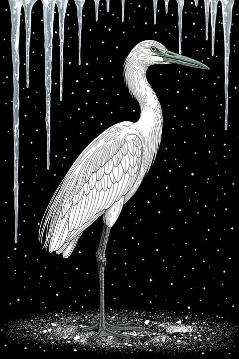 Heron In The Snow. A finely outlined white heron stands beneath hanging icicles against a black, snow-speckled night.