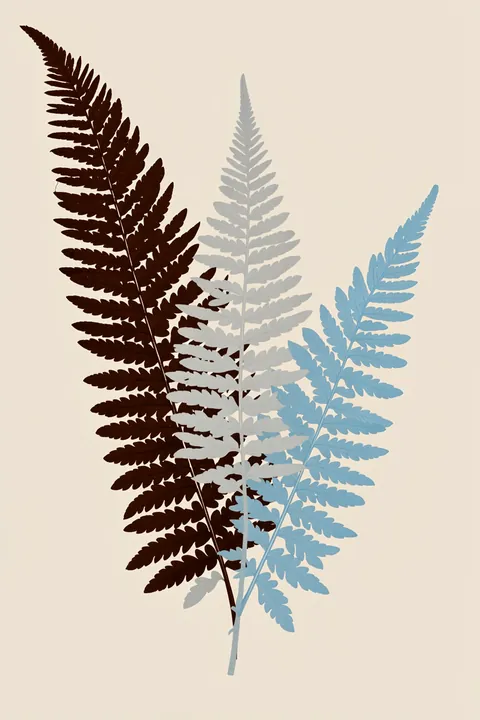 Muted Layered Ferns. Three overlapping fern fronds in dark brown, soft gray and dusty blue are arranged on a warm beige ground.