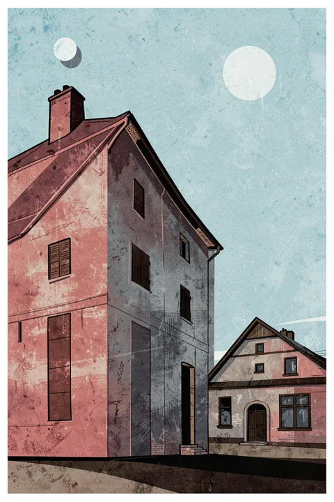 Moonlit House Reflection. Two old houses sit beneath a pale moon in a textured blue night sky, rendered in muted rose and gray tones.