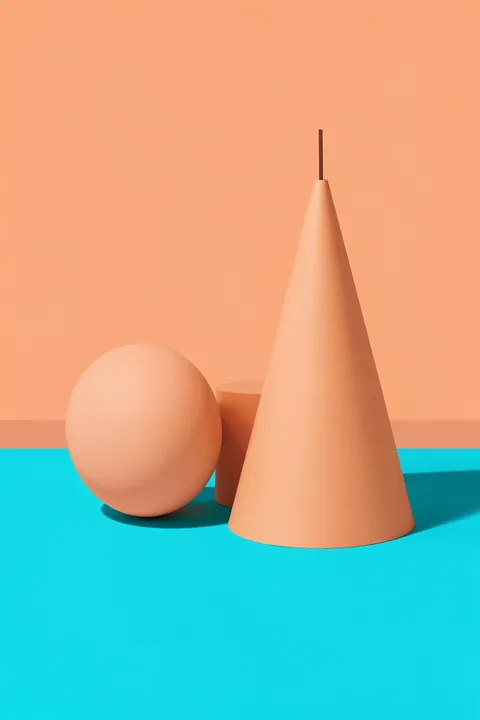 Dreamy Geometric Forms. Smooth peach geometric forms, including a sphere and tall cone, stand above a vivid turquoise ground.