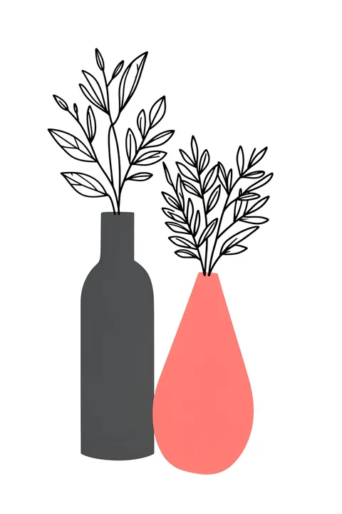 Minimalist Botanical Vases. Two simple vases, one charcoal and one coral, hold fine black-outlined leafy stems on white.