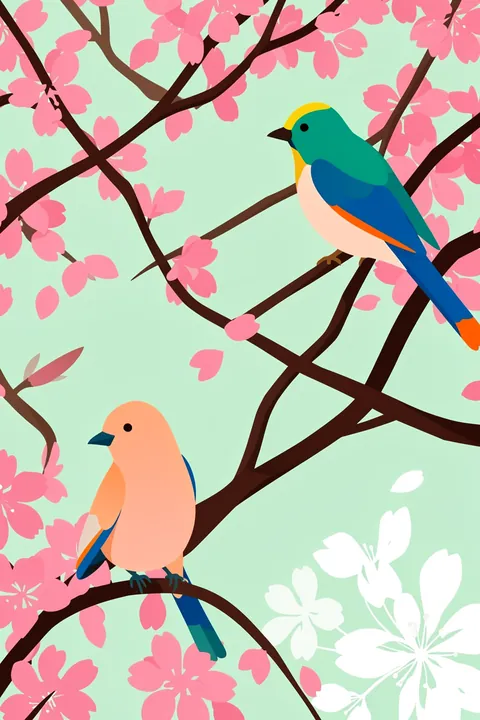 Birds of Summer. Two brightly colored birds perch among dark branches, pink blossoms and white flowers on a pale mint background.
