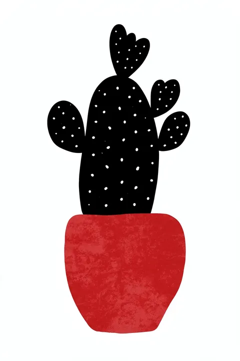 Modern Cactus Red Pot. A black prickly pear cactus with small white dots grows from a textured red pot on white.
