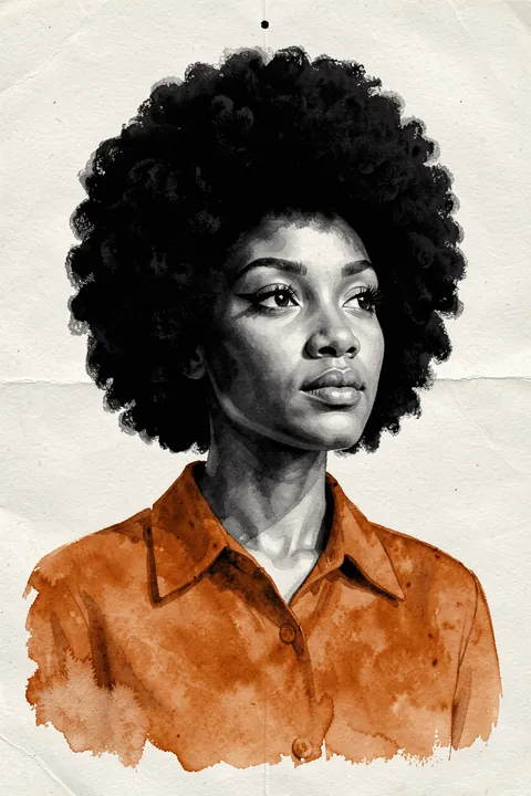 Retro Afro Beauty. A woman with a voluminous dark afro and rust-colored blouse is rendered in a soft monochrome watercolor style.