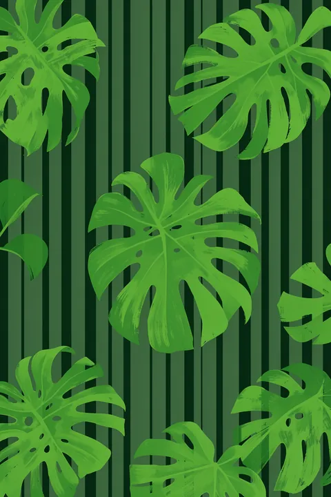 Monstera Leaf Stripes. Large green monstera leaves overlap dark vertical stripes in a layered tropical botanical design.