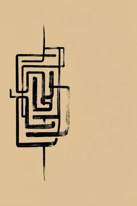 Organic Abstract Pattern. Thick black hand-drawn rectangular lines intersect and loop across a warm beige background.