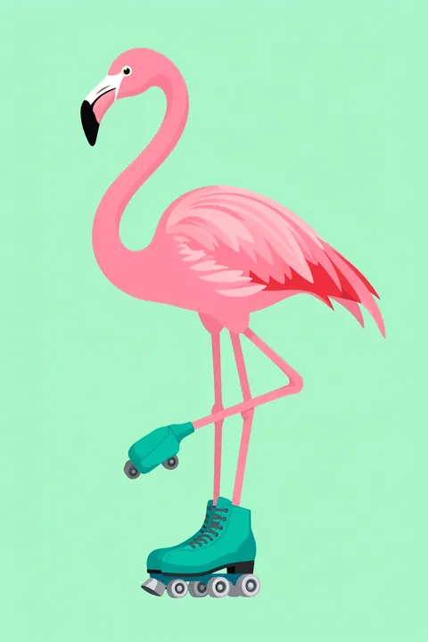 Roller Skating Flamingo. A pink flamingo balances on roller skates against a bright mint-green background.