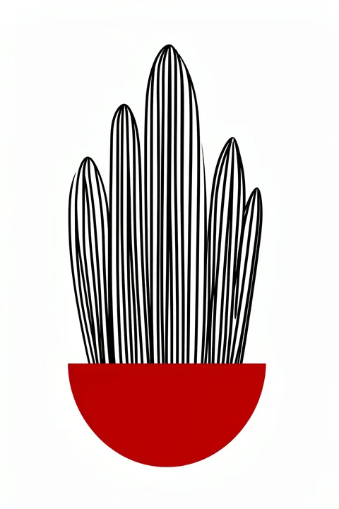 Modern Desert Cacti. Three tall, black-outlined cacti rise from a simple red semicircular planter on white.