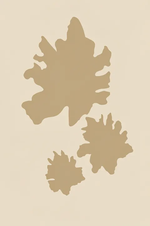 Abstract Tropical Leaves. Soft beige organic leaf-like shapes overlap on a pale cream ground in a quiet abstract botanical composition.
