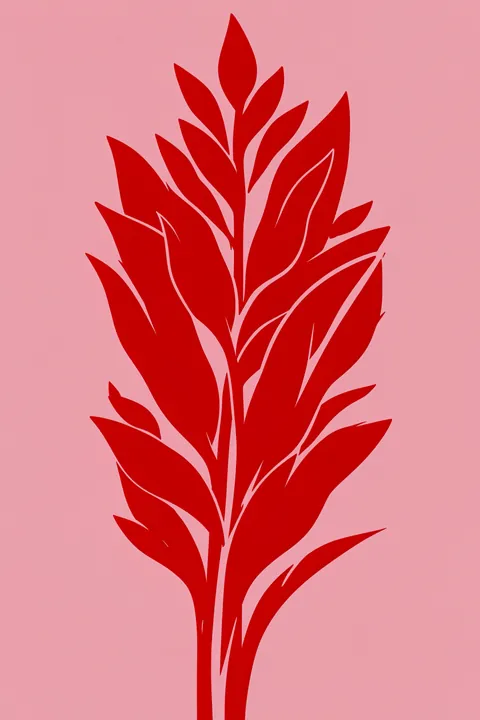 Vibrant Red Leaves. A tall branch of vivid red leaves fills the center against a pale pink background.