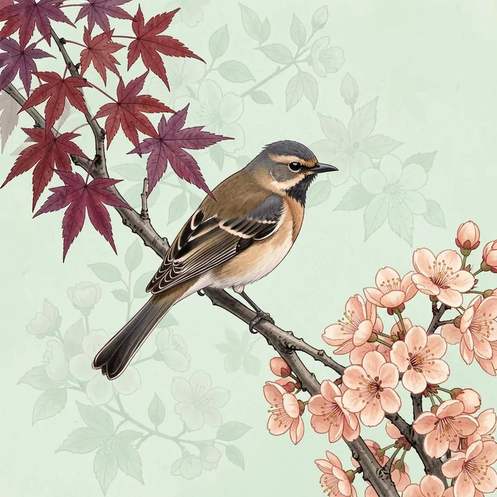 Serene Asian Bird Art. A small brown bird perches on a branch between dark red maple leaves and pale blossoms on a light background.