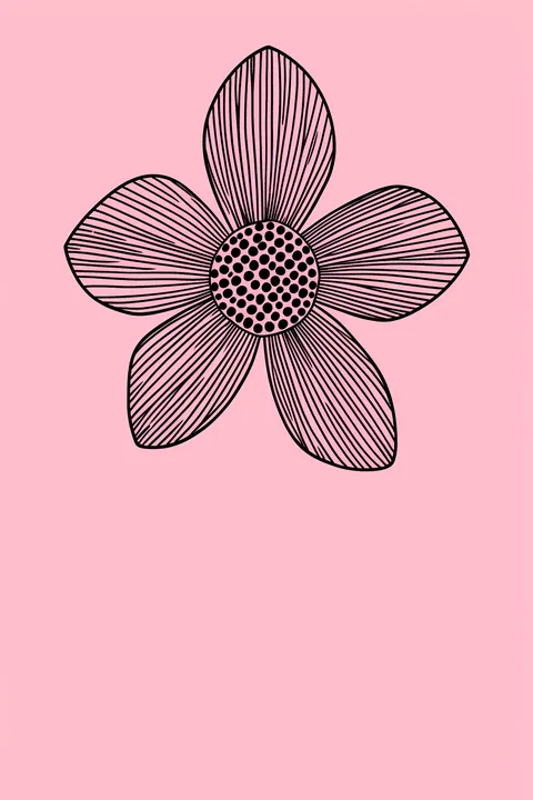 Pink Line Flower. A black striped five-petal flower with a dotted center is centered on a solid pink field.