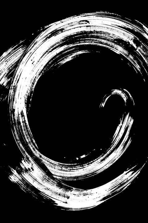 Dynamic White Strokes. A broad, rough white brushstroke forms a sweeping circular loop around a black center.