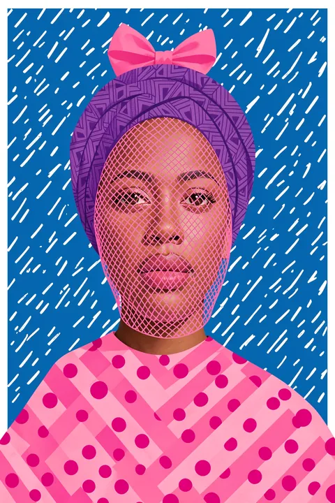 Smiling Patterned Child. A smiling child in a patterned pink outfit and purple headwrap is framed by white diagonal marks on blue.