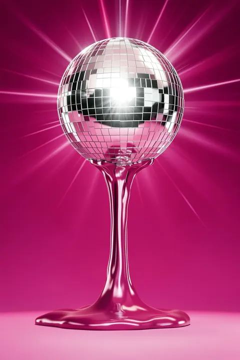 Melting Disco Ball. A mirrored disco ball appears to melt into a glossy pink stem and puddle against a radiant magenta background.
