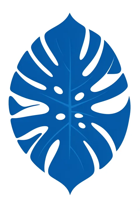 Deep Blue Monstera. A large, flat blue monstera leaf silhouette fills most of a plain white background.