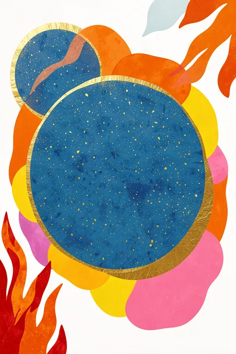Amphibian Pool. A textured blue oval edged in gold is surrounded by overlapping orange, yellow, pink and red abstract shapes.