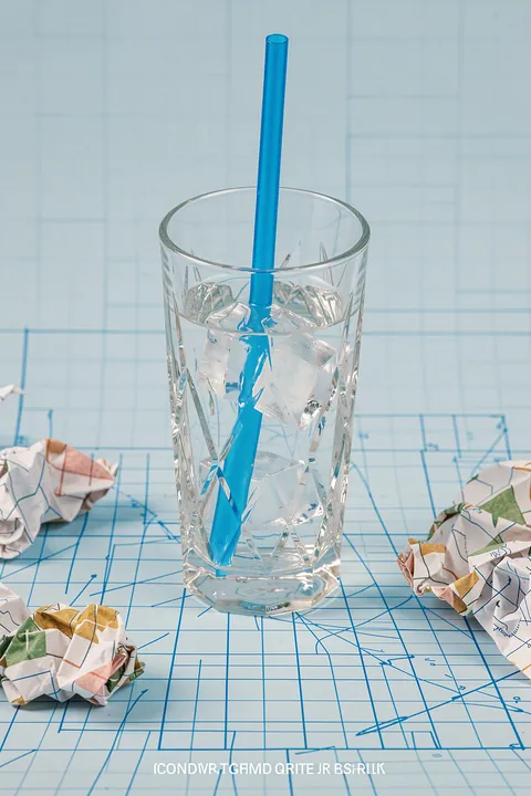 Refreshing Pink Drink. A clear glass of iced water with a bright blue straw stands on a blue gridded surface among crumpled paper.