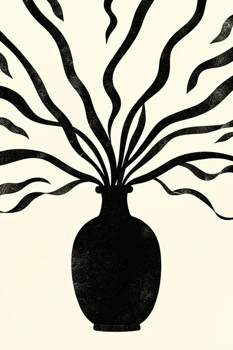Flowing Botanical Form. A black vase silhouette holds long, flowing wavy stems against a pale cream background.
