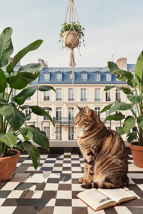 Antique Parisian Book Store Cat. A tabby cat sits with an open book on a checkerboard terrace, surrounded by potted plants and Parisian rooftops.