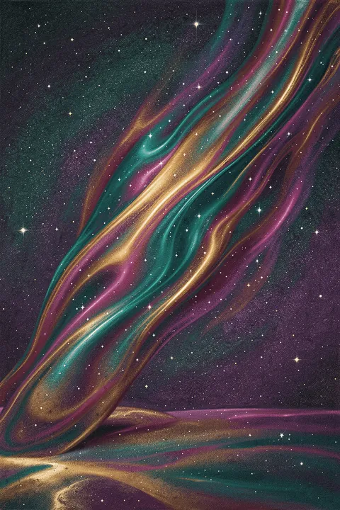 Vibrant Cosmic Swirl. Luminous teal, violet and gold ribbons sweep diagonally through a star-speckled deep-space scene.