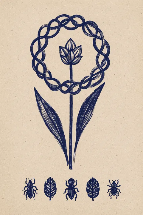 Folk Art Flower Symbols. A hand-drawn navy flower and looping wreath sit above a row of small insect and leaf emblems on textured beige.