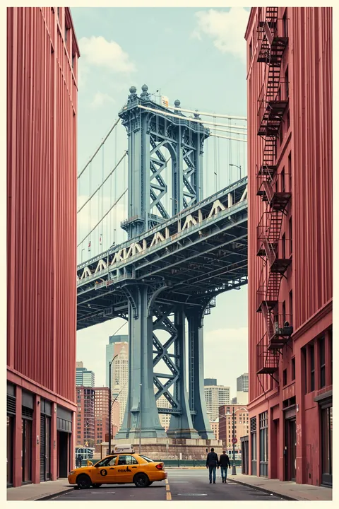 Dumbo, New York. A steel suspension bridge is framed by red-brick buildings on a city street, with a yellow taxi in the foreground.