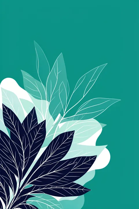 Tranquil Blue Botanicals. Fine white and navy botanical leaves overlap across the lower half of a solid teal background.