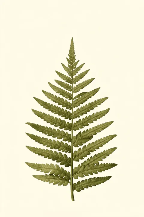 Elegant Fern Botanical. A single olive-green fern frond is centered on a pale cream background.