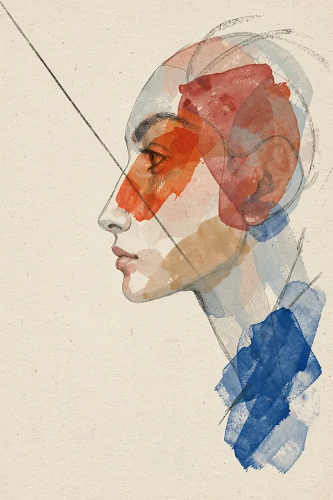 Posh. Overlapping watercolor profiles and abstract red, gray and blue washes form a layered portrait on textured paper.