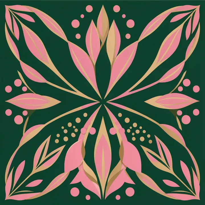 Vibrant Floral Symmetry. A symmetrical arrangement of pink and muted gold leaves and dots radiates across a deep green field.