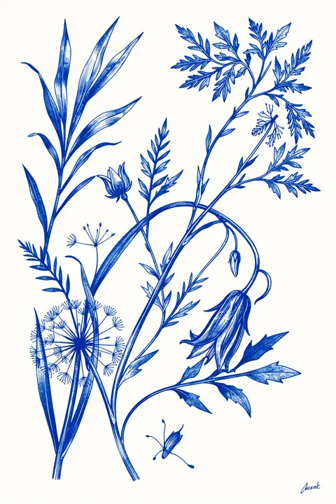 Whimsical Blue Botanicals. Loose blue botanical line drawings of leaves, stems and flowers fill a white background.