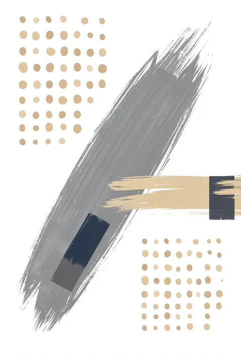 Serene Blue Abstract. A diagonal gray brushstroke crosses a white field with beige dotted grids and small navy accents.