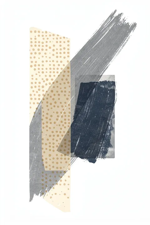 Serene Blue Beige Abstract. Layered gray, navy and beige brushstrokes and dotted panels form an abstract composition on white.