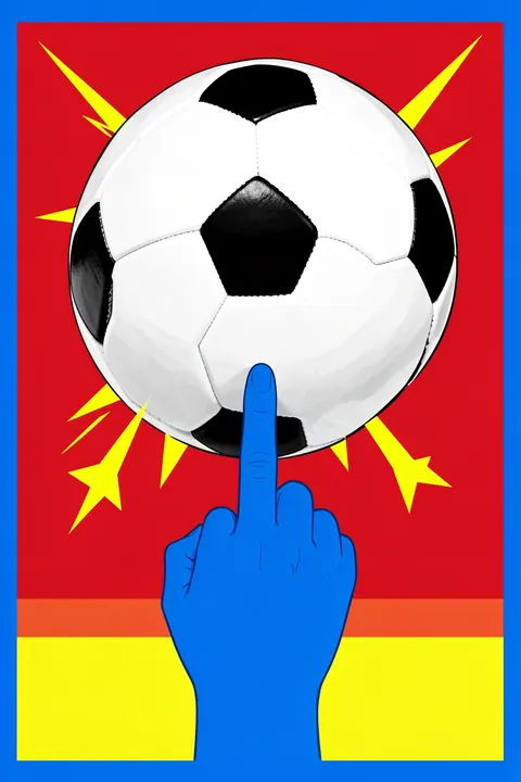 Women's World Cup Soccer. A black-and-white football floats above a raised blue hand, with red and yellow burst shapes inside a bright blue border.