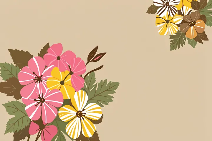 Soft Floral Blooms. Clusters of pink, yellow and white flowers with olive leaves sit along the left edge of a warm beige background.