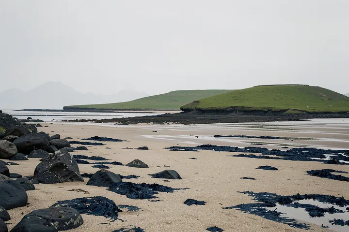 Peaceful Tidal Beach. A quiet tidal beach with dark rocks, pale sand and a low green island stretches beneath an overcast sky.
