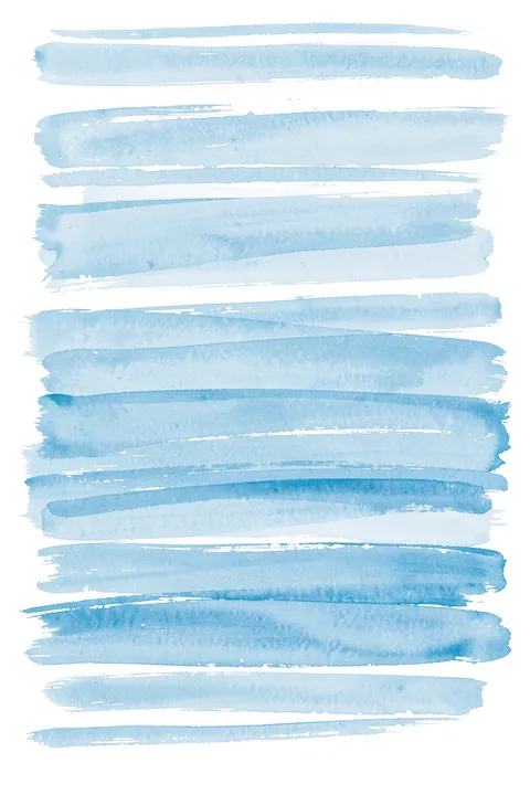 Watercolor Blue Stripes. Uneven horizontal watercolor stripes in several shades of pale and medium blue are spaced across white.