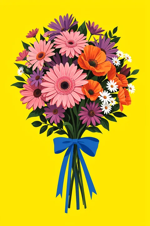 Vibrant Flower Bouquet. A bouquet of pink, purple, orange and white flowers tied with a blue ribbon stands against bright yellow.