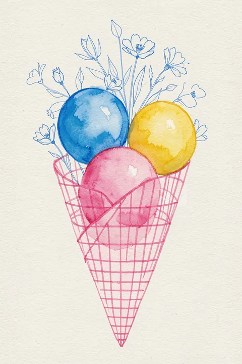 Colorful Floral Cone. Blue line-drawn flowers rise behind three watercolor circles in blue, yellow and pink, arranged in a pink wireframe cone.