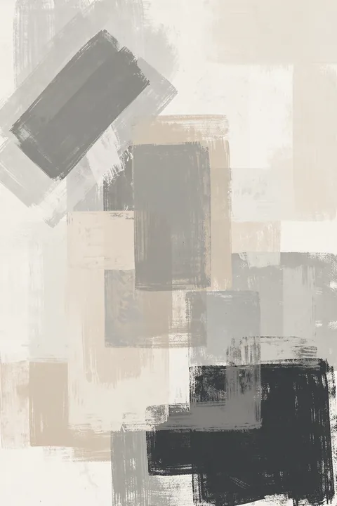 Layered Neutral Blocks. Translucent brush-painted blocks in charcoal, gray, taupe and cream overlap on an off-white ground.