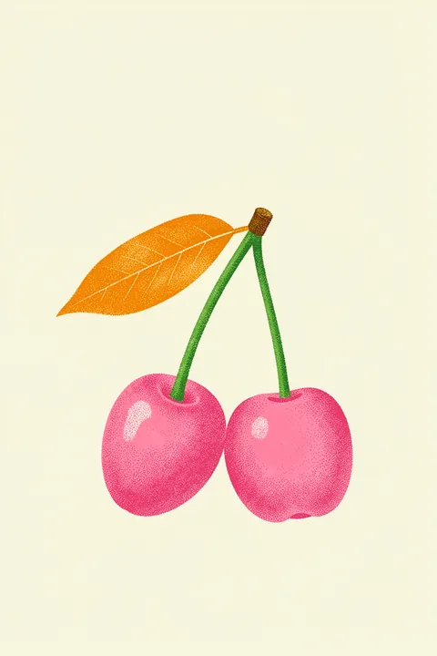 Pink Cherries Illustration. Two pink watercolor cherries with long green stems and an orange leaf sit on a warm cream background.