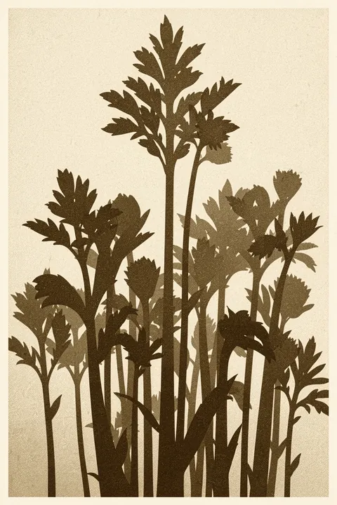 Textured Botanical Forms. Dense dark botanical silhouettes of leaves and stems fill the lower portion of textured cream paper.