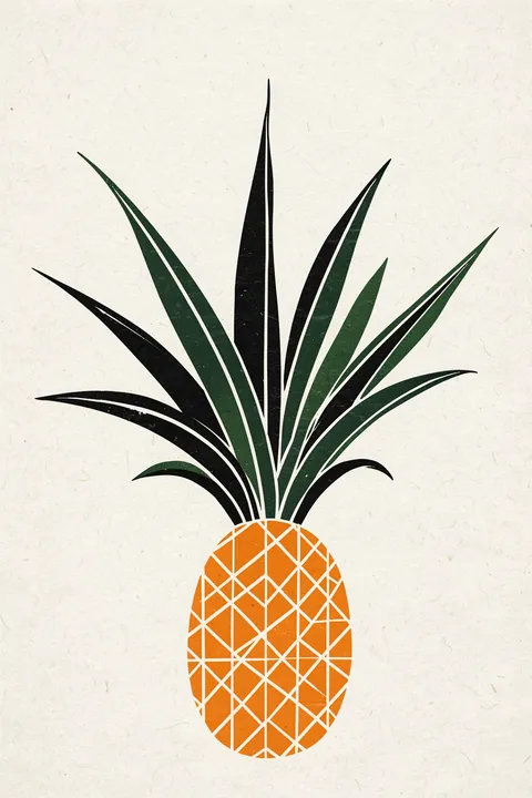 Peter, the Plant. A bold graphic pineapple pairs a bright orange crosshatched fruit with long black and deep green leaves on ivory.